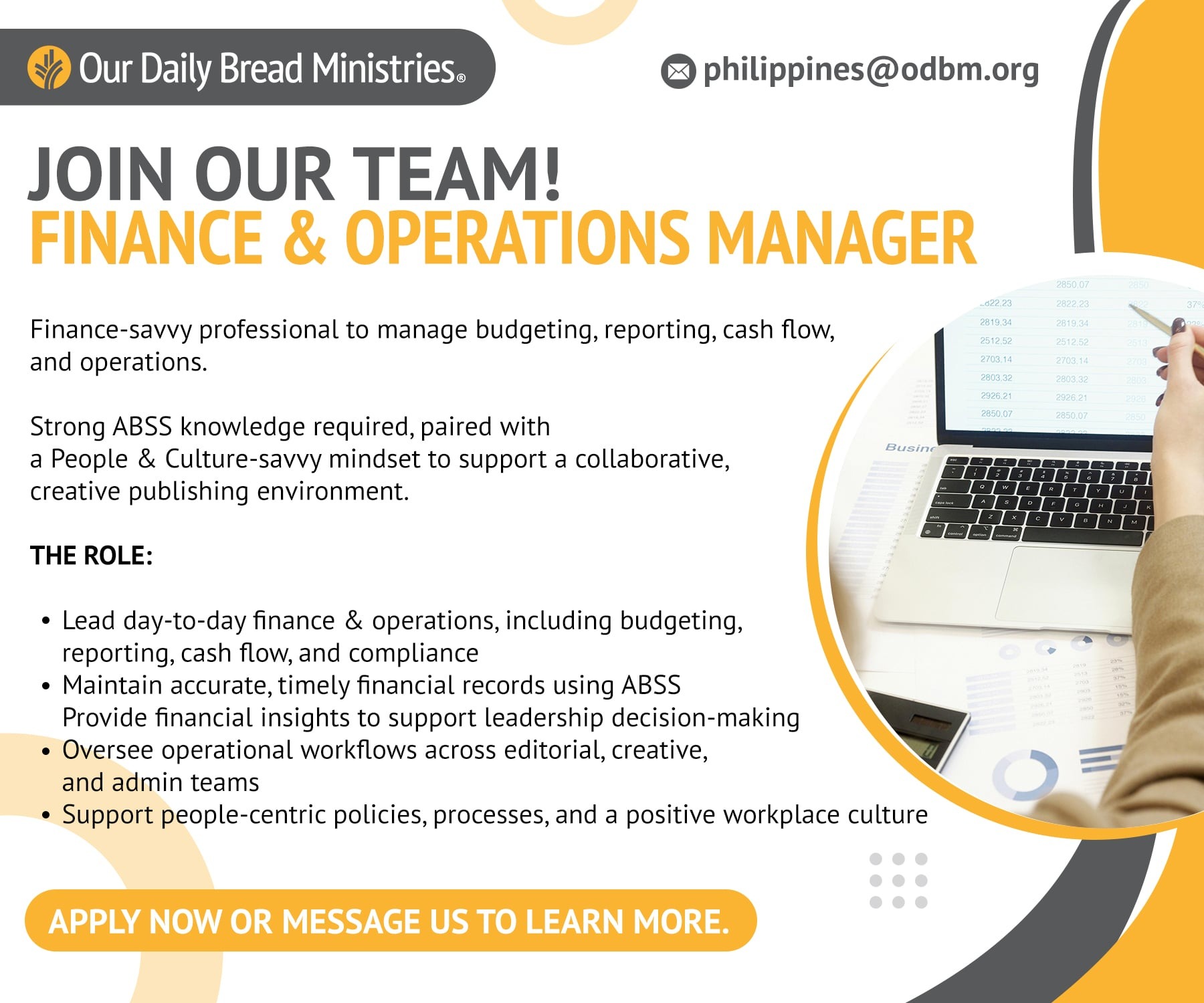 Join Our Team – Finance & Operations Manager hiring poster for Our Daily Bread Ministries Philippines.
